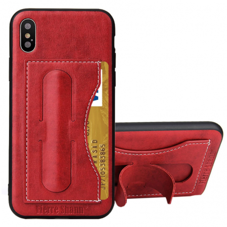 Fierre Shann For iPhone X / XS Full Coverage Protective Leather Case with Holder & Card Slot(Red)