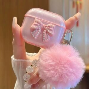 Rosa AirPods Case mit Perlenschleife & Fellanhänger