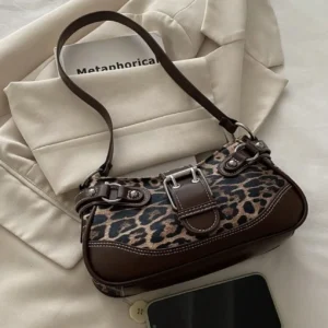 Leopard Schultertasche mit Leder-Details & Schnalle